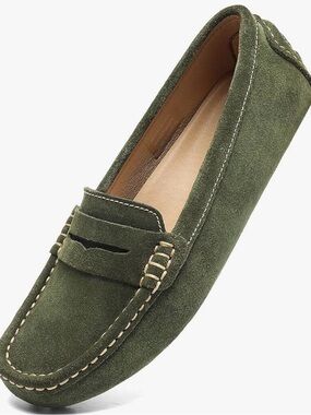 Womens Olive Suede Penny Loafers - Slip-On Comfort